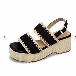 Hellen Yellow Box Black Woven Espadrille Platform Sandals with Natural Trim 9.5